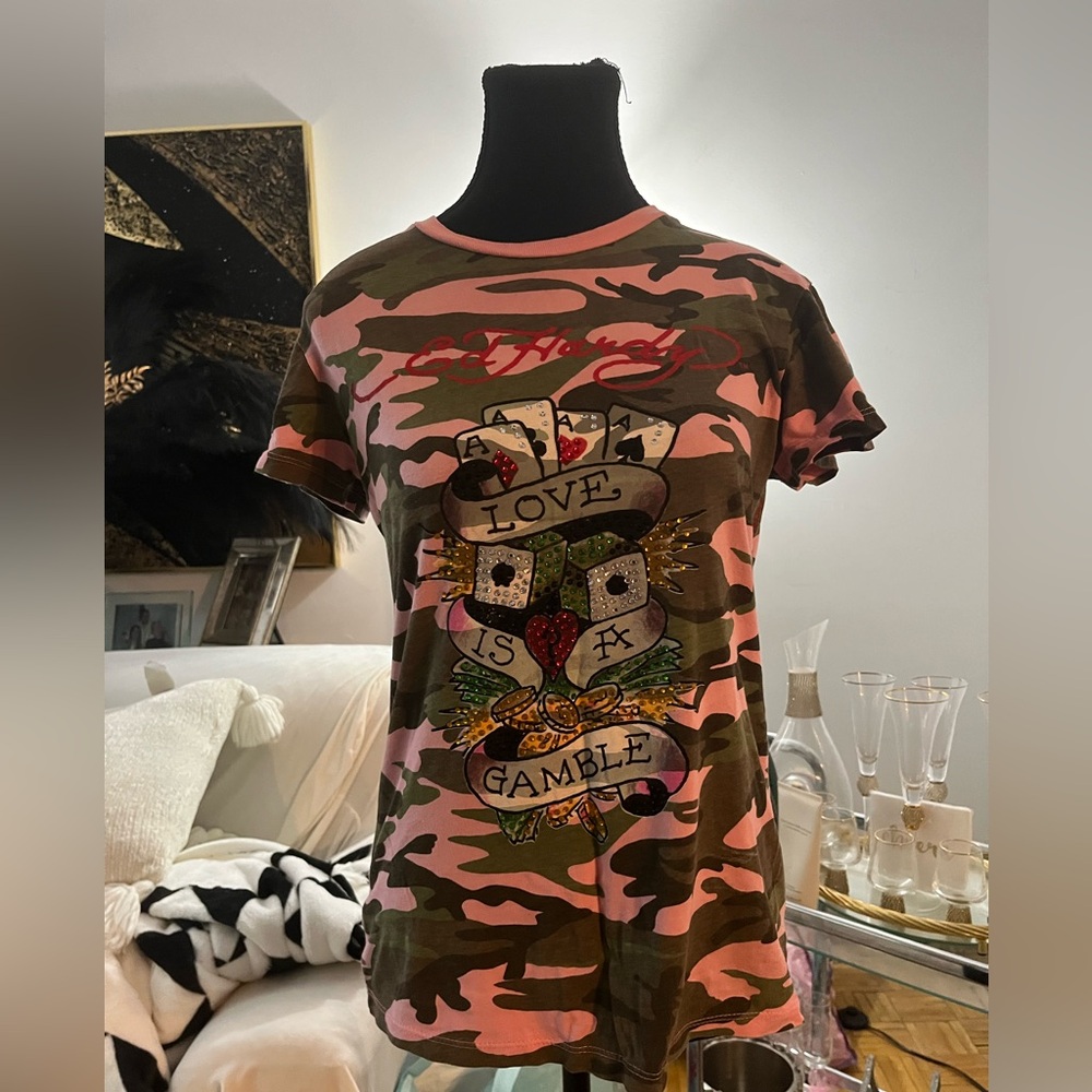 Ed Hardy Pink and Green Camouflage Graphic T-Shirt